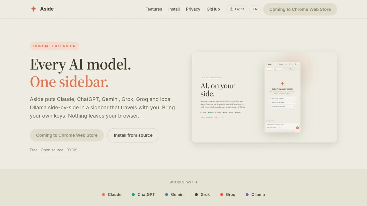 Aside landing page: "Every AI model. One sidebar." beside a preview of the sidebar open next to a web page.